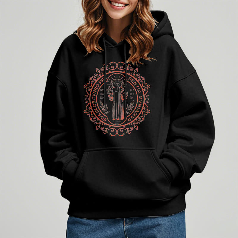 Classic Style Floral St. Benedict Embelm Fleece Lined Polyester Hoodie