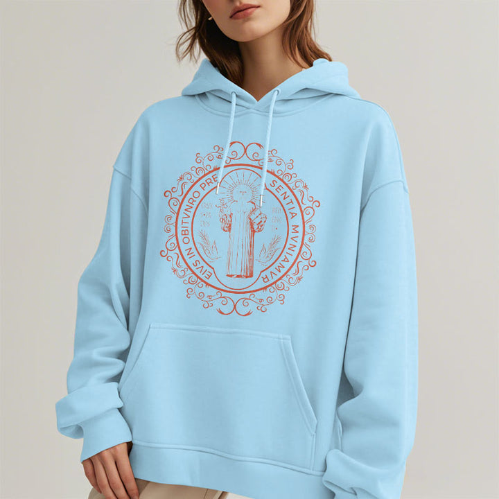 Classic Style Floral St. Benedict Embelm Fleece Lined Polyester Hoodie