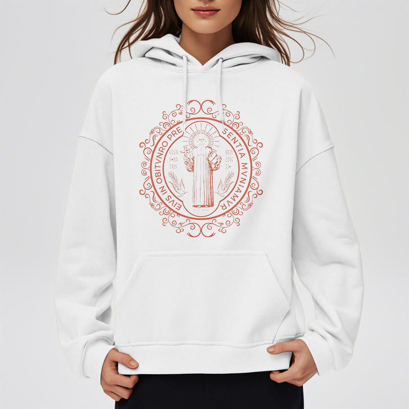 Classic Style Floral St. Benedict Embelm Fleece Lined Polyester Hoodie