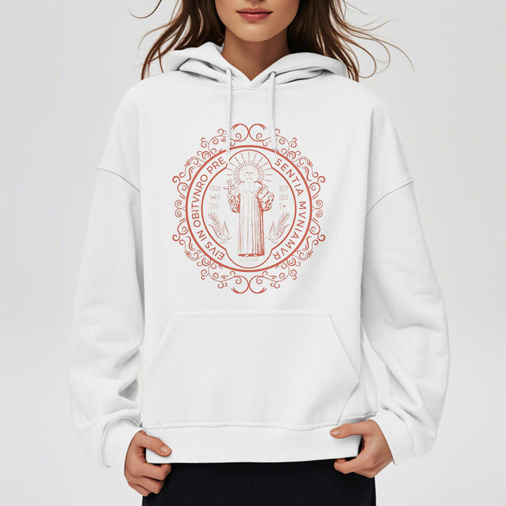 Classic Style Floral St. Benedict Embelm Fleece Lined Polyester Hoodie