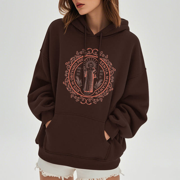 Classic Style Floral St. Benedict Embelm Fleece Lined Polyester Hoodie
