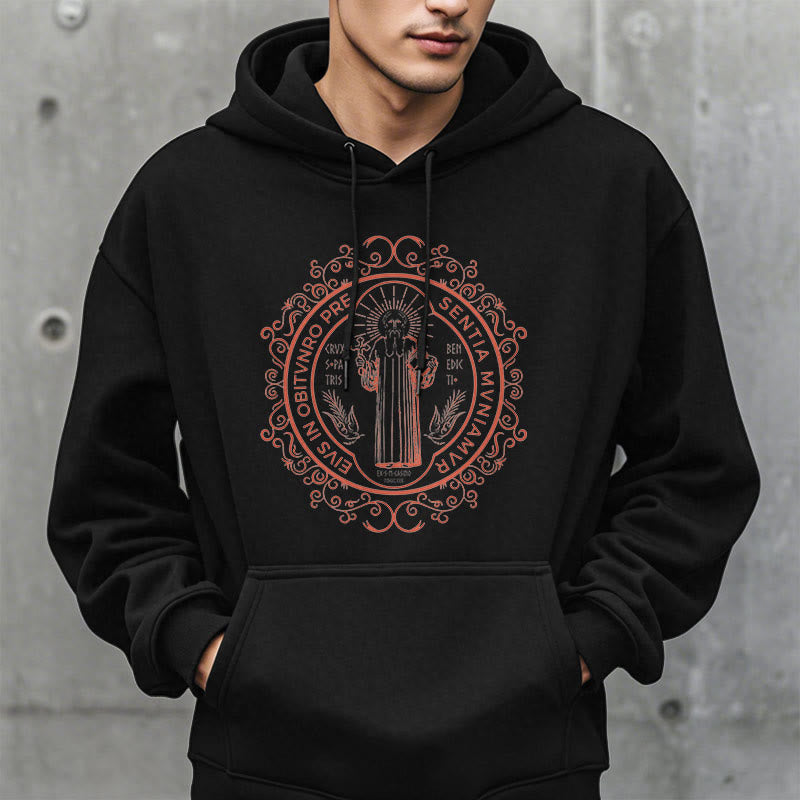 Classic Style Floral St. Benedict Embelm Fleece Lined Polyester Hoodie