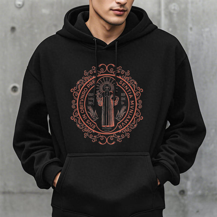 Classic Style Floral St. Benedict Embelm Fleece Lined Polyester Hoodie