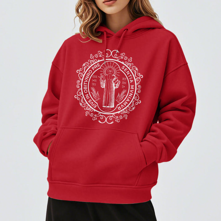Classic Style Floral St. Benedict Embelm Fleece Lined Polyester Hoodie