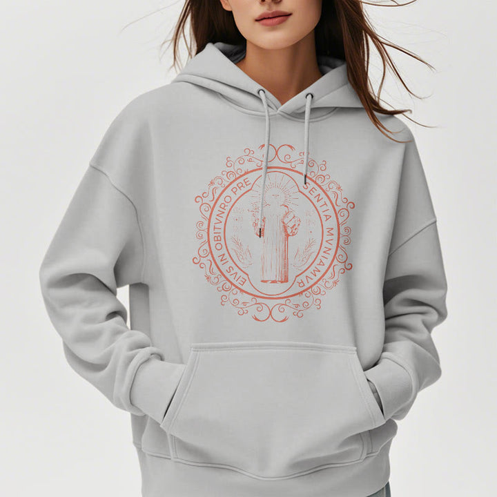 Classic Style Floral St. Benedict Embelm Fleece Lined Polyester Hoodie