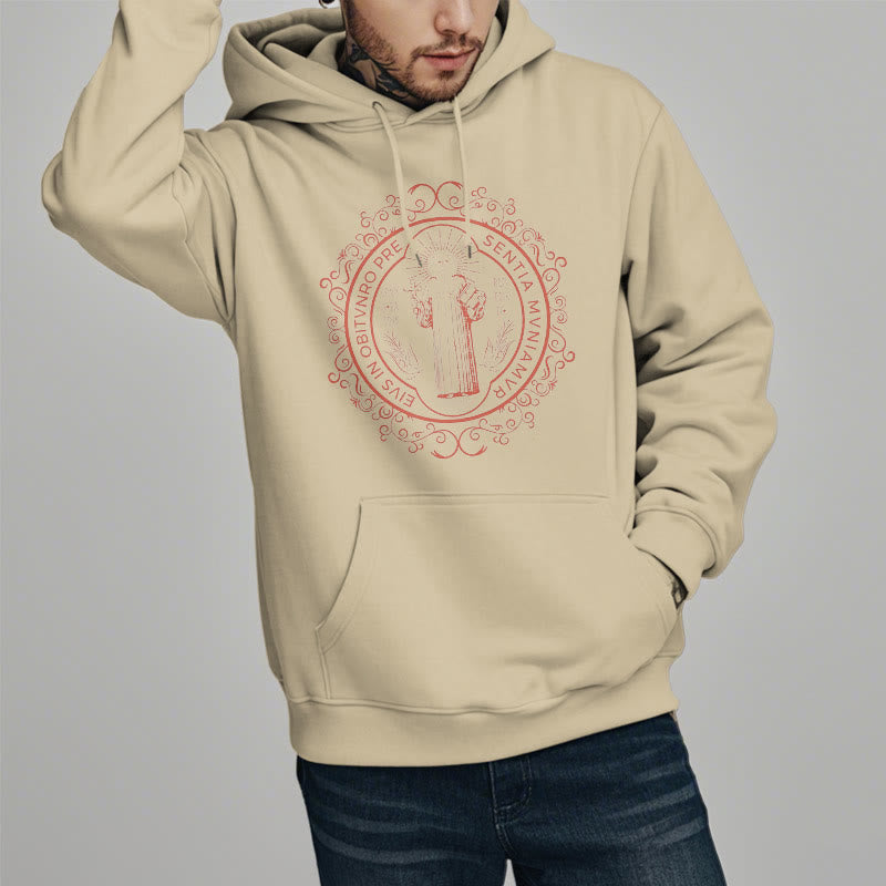 Classic Style Floral St. Benedict Embelm Fleece Lined Polyester Hoodie