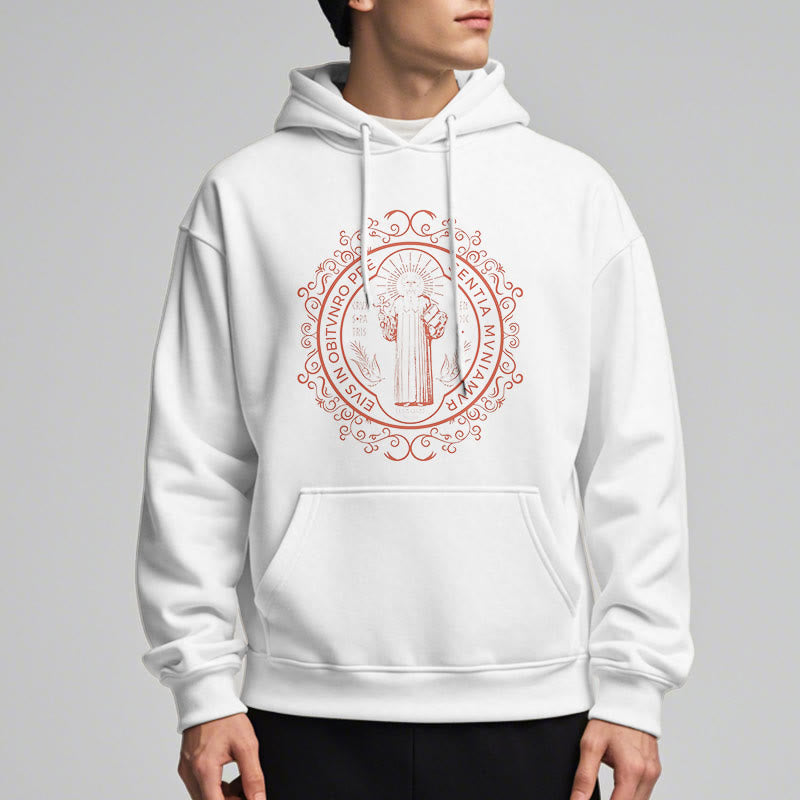 Classic Style Floral St. Benedict Embelm Fleece Lined Polyester Hoodie