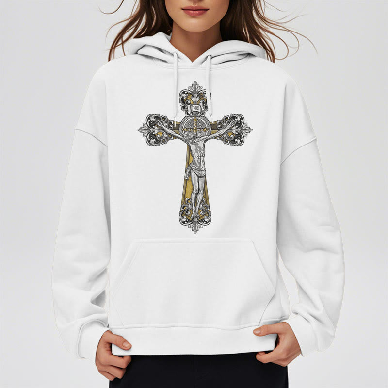 Classic Style St. Benedict Cruxifix Faith Fleece Lined Polyester Hoodie