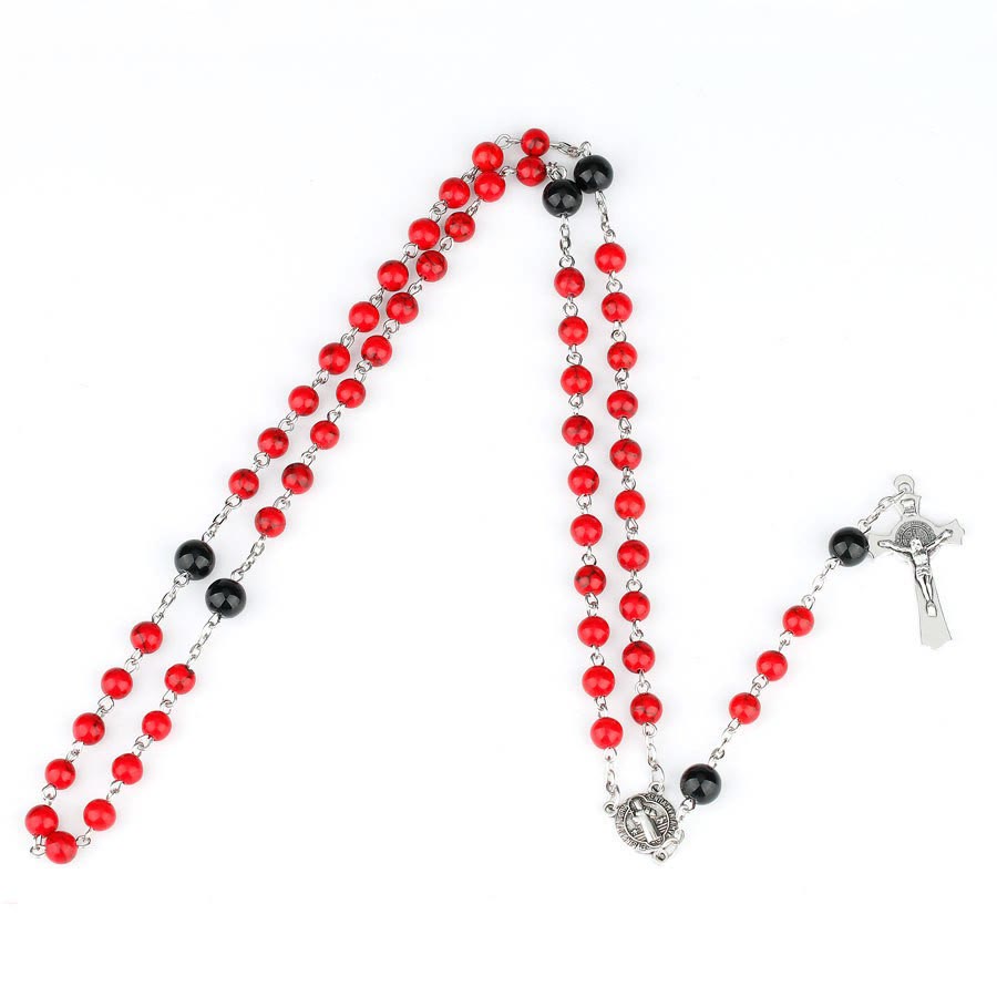 St. Benedict Medal & Crucifix of 6mm Round Red Turquoise Alloy Chain Rosary