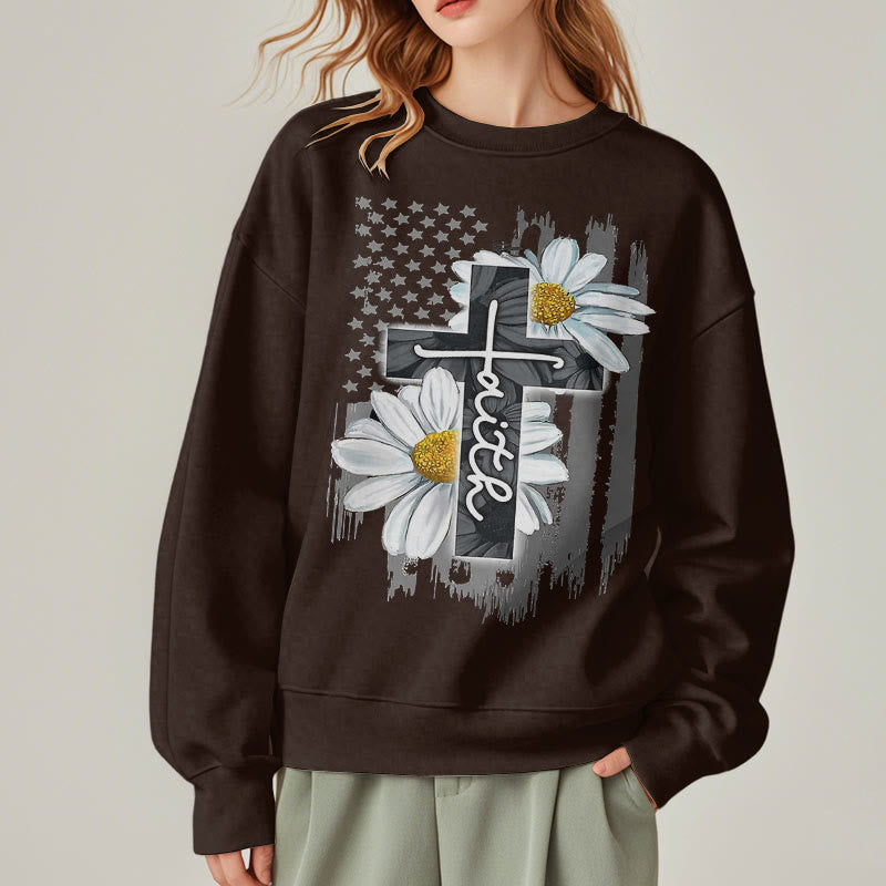 Modern Style Faith Cross and Daisies Fleece Lined Polyester Sweatshirt