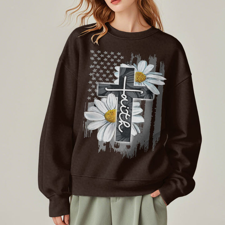 Modern Style Faith Cross and Daisies Fleece Lined Polyester Sweatshirt