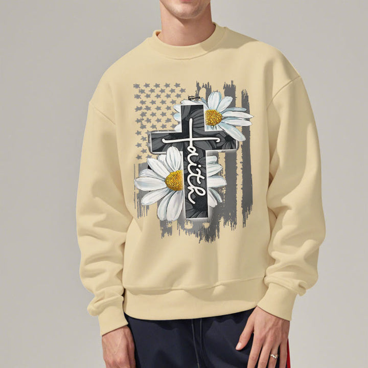 Modern Style Faith Cross and Daisies Fleece Lined Polyester Sweatshirt