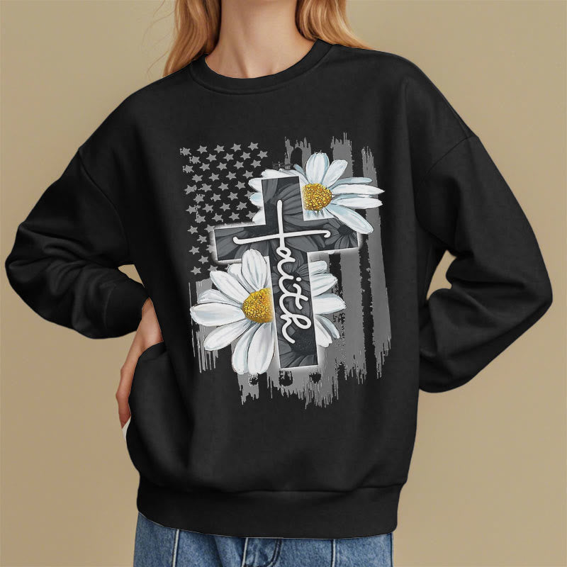 Modern Style Faith Cross and Daisies Fleece Lined Polyester Sweatshirt