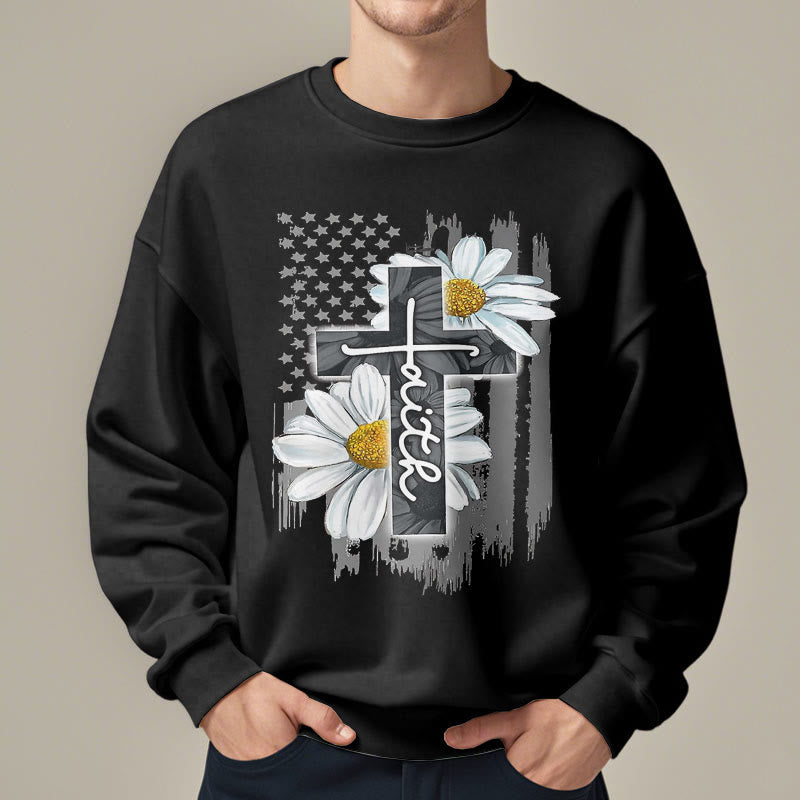 Modern Style Faith Cross and Daisies Fleece Lined Polyester Sweatshirt