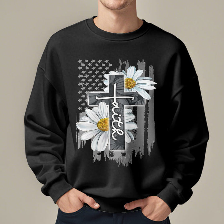 Modern Style Faith Cross and Daisies Fleece Lined Polyester Sweatshirt