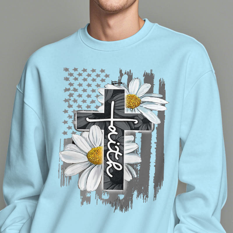 Modern Style Faith Cross and Daisies Fleece Lined Polyester Sweatshirt