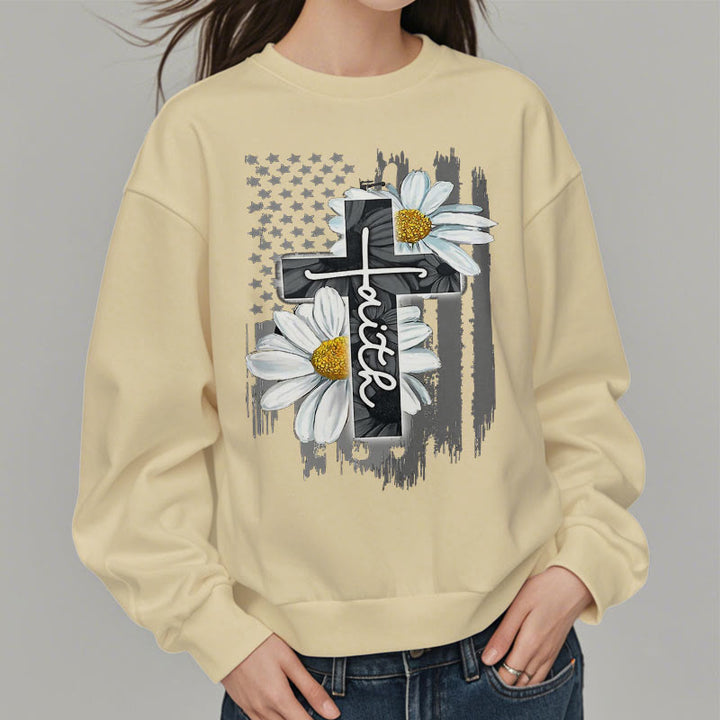 Modern Style Faith Cross and Daisies Fleece Lined Polyester Sweatshirt