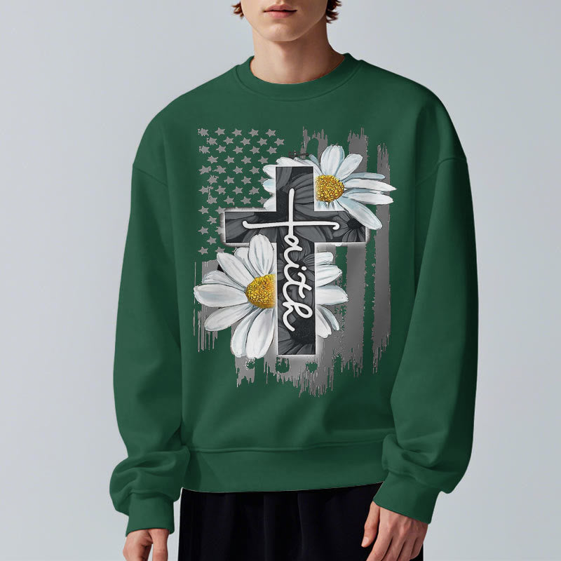 Modern Style Faith Cross and Daisies Fleece Lined Polyester Sweatshirt