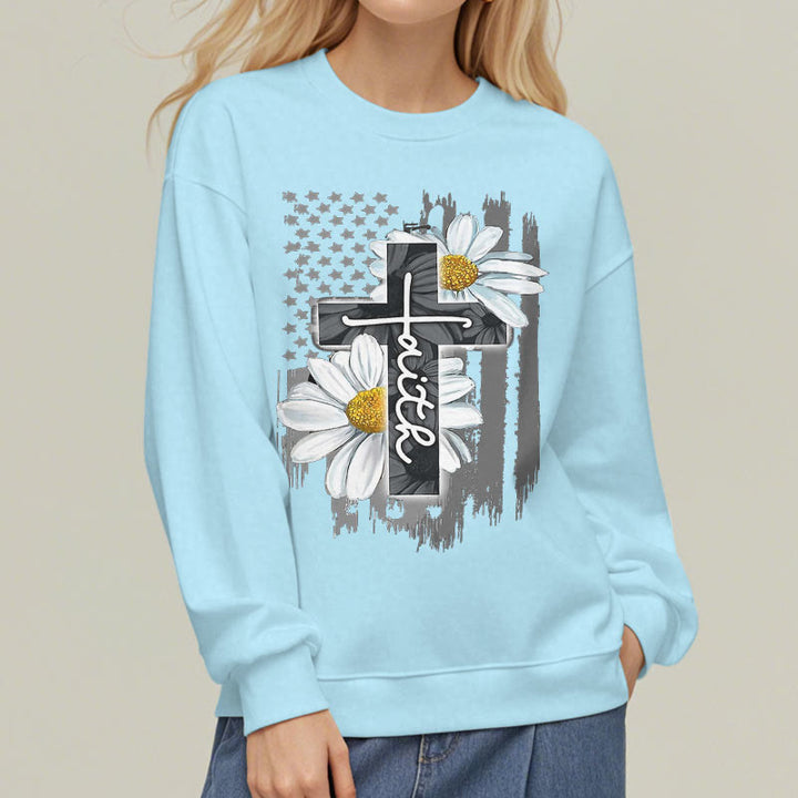 Modern Style Faith Cross and Daisies Fleece Lined Polyester Sweatshirt