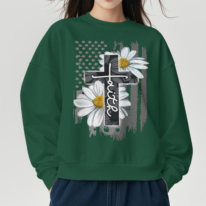 Modern Style Faith Cross and Daisies Fleece Lined Polyester Sweatshirt