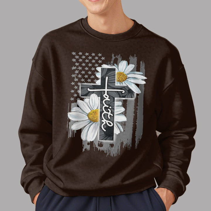 Modern Style Faith Cross and Daisies Fleece Lined Polyester Sweatshirt