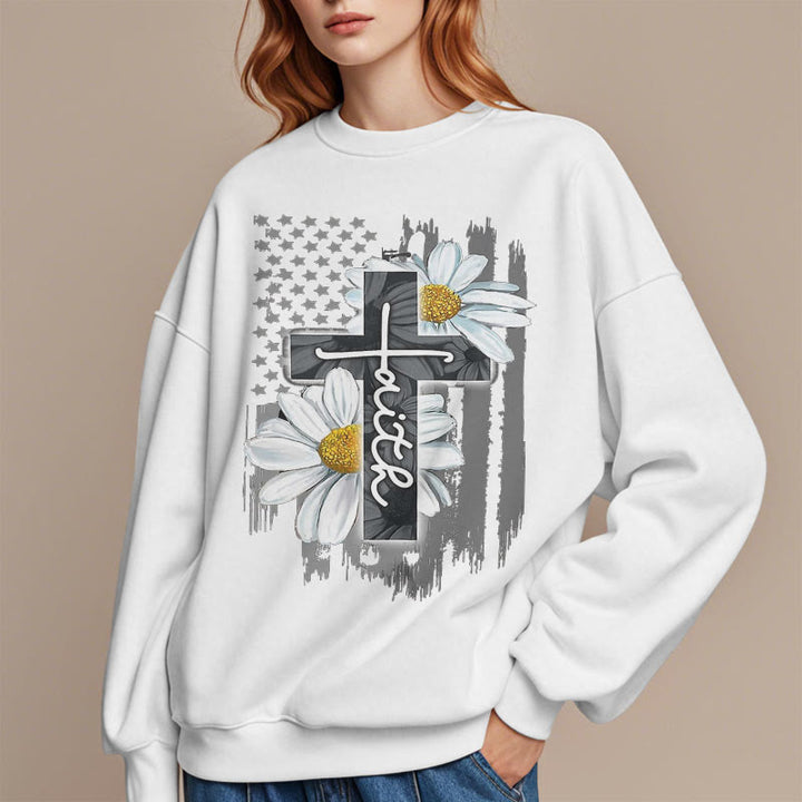 Modern Style Faith Cross and Daisies Fleece Lined Polyester Sweatshirt