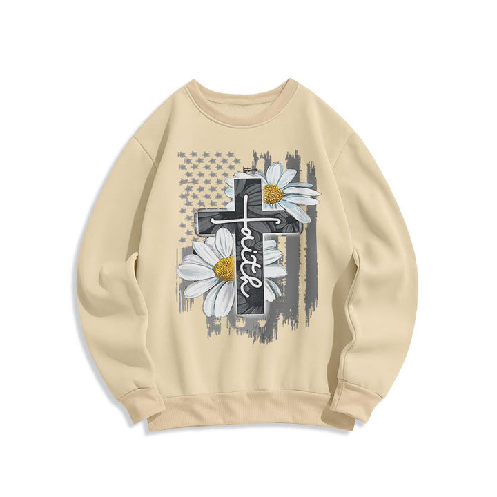 Modern Style Faith Cross and Daisies Fleece Lined Polyester Sweatshirt