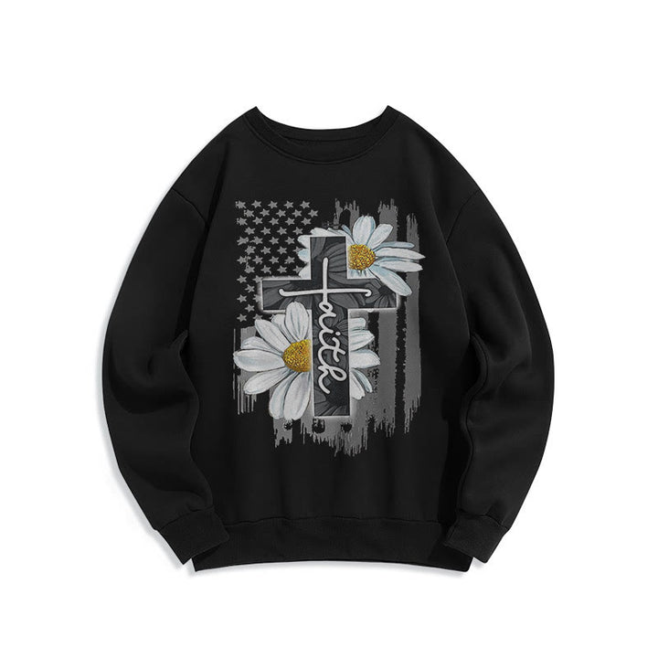 Modern Style Faith Cross and Daisies Fleece Lined Polyester Sweatshirt