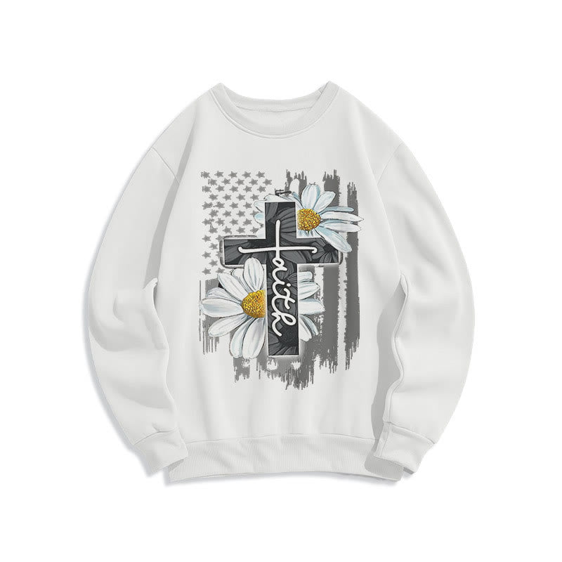 Modern Style Faith Cross and Daisies Fleece Lined Polyester Sweatshirt