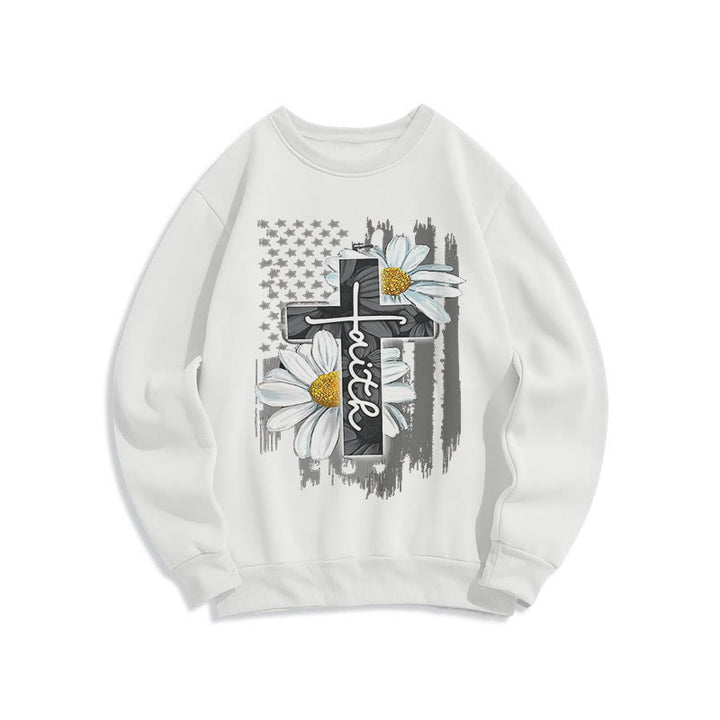 Modern Style Faith Cross and Daisies Fleece Lined Polyester Sweatshirt