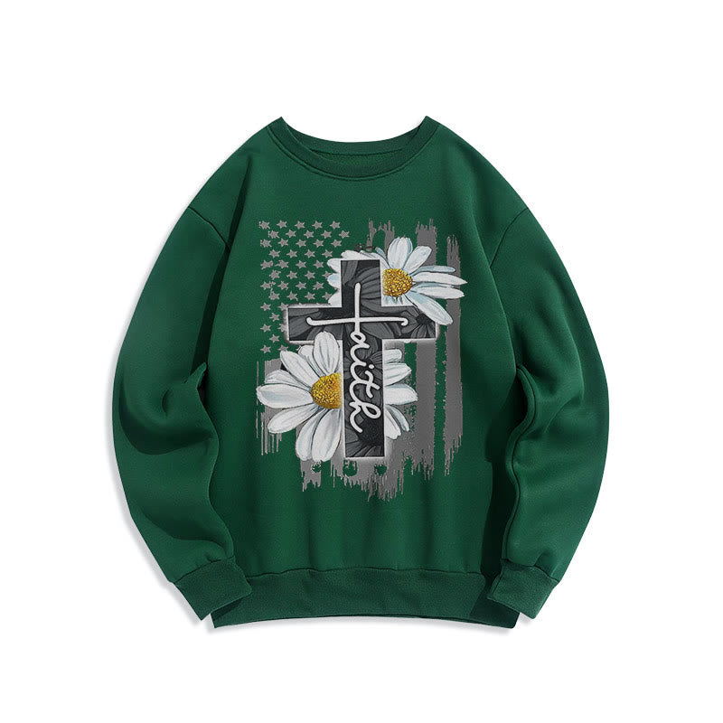 Modern Style Faith Cross and Daisies Fleece Lined Polyester Sweatshirt