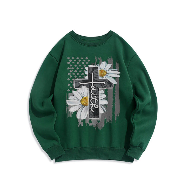 Modern Style Faith Cross and Daisies Fleece Lined Polyester Sweatshirt