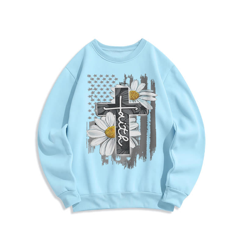 Modern Style Faith Cross and Daisies Fleece Lined Polyester Sweatshirt