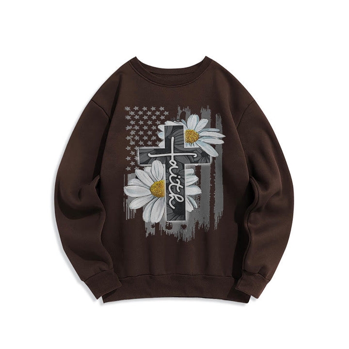 Modern Style Faith Cross and Daisies Fleece Lined Polyester Sweatshirt