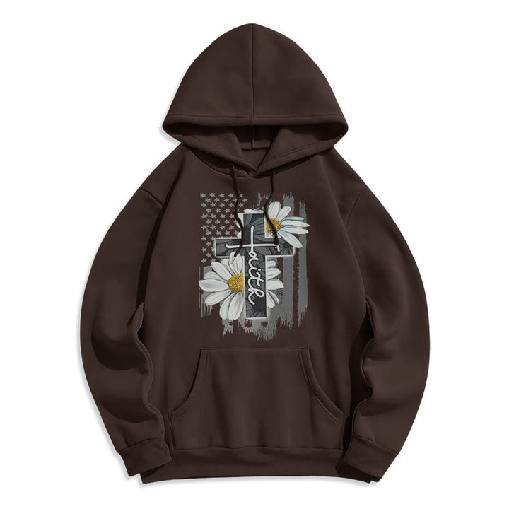 Modern Style Faith Cross and Daisies Fleece Lined Polyester Hoodie