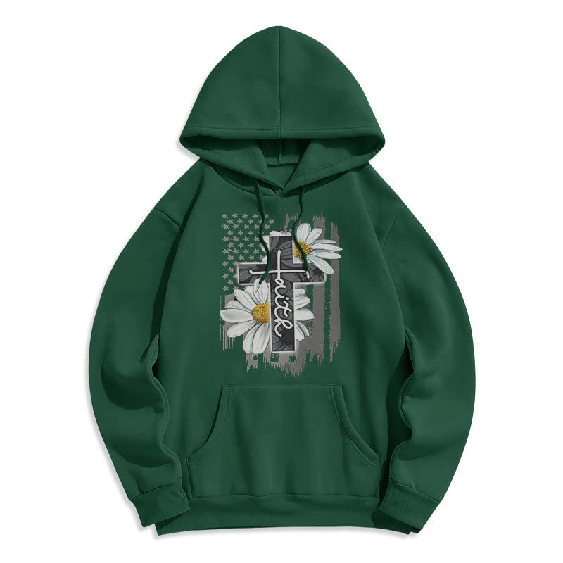 Modern Style Faith Cross and Daisies Fleece Lined Polyester Hoodie