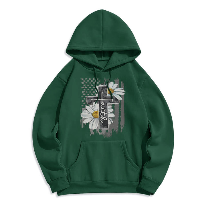 Modern Style Faith Cross and Daisies Fleece Lined Polyester Hoodie