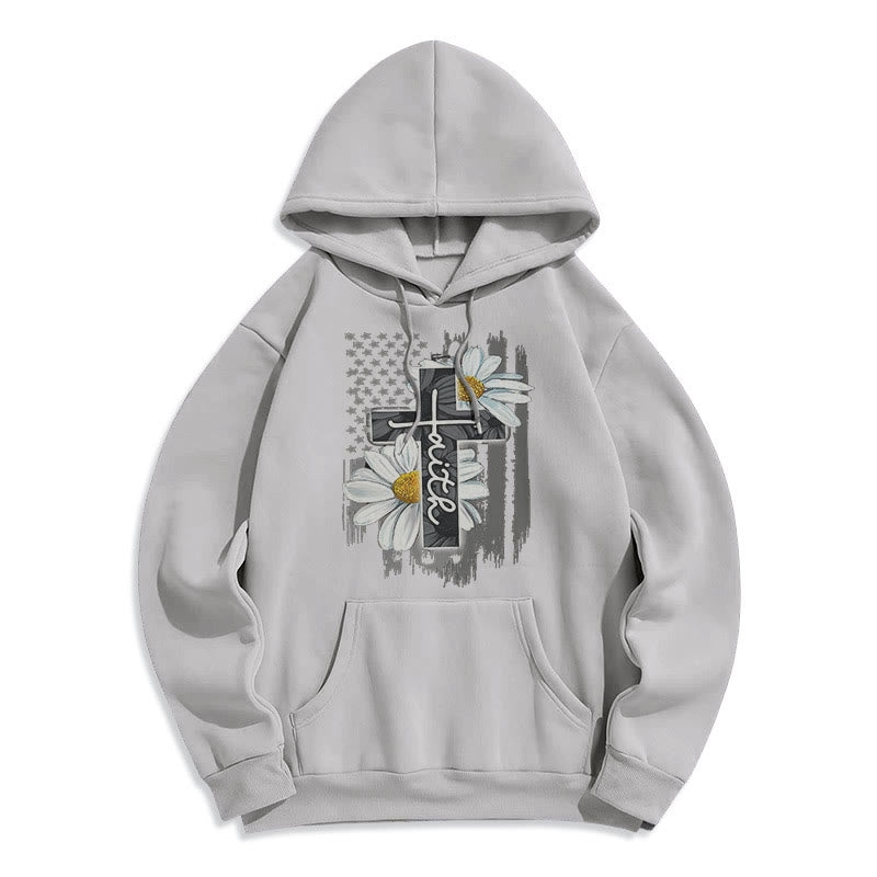 Modern Style Faith Cross and Daisies Fleece Lined Polyester Hoodie