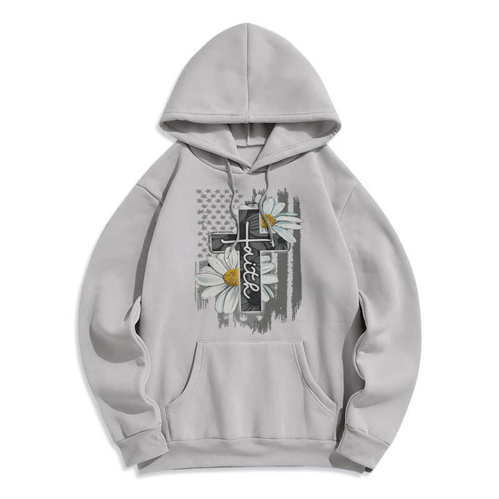 Modern Style Faith Cross and Daisies Fleece Lined Polyester Hoodie