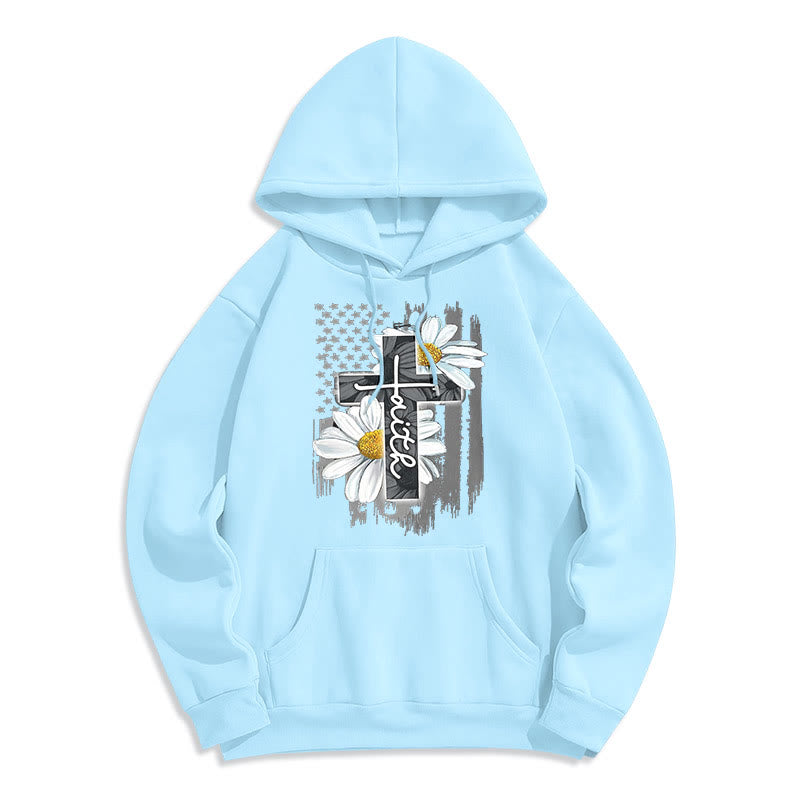Modern Style Faith Cross and Daisies Fleece Lined Polyester Hoodie