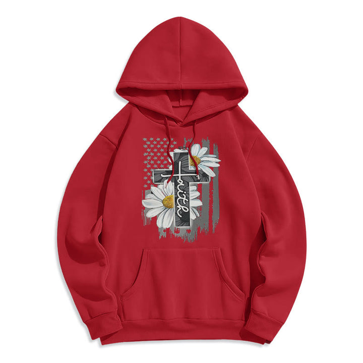 Modern Style Faith Cross and Daisies Fleece Lined Polyester Hoodie