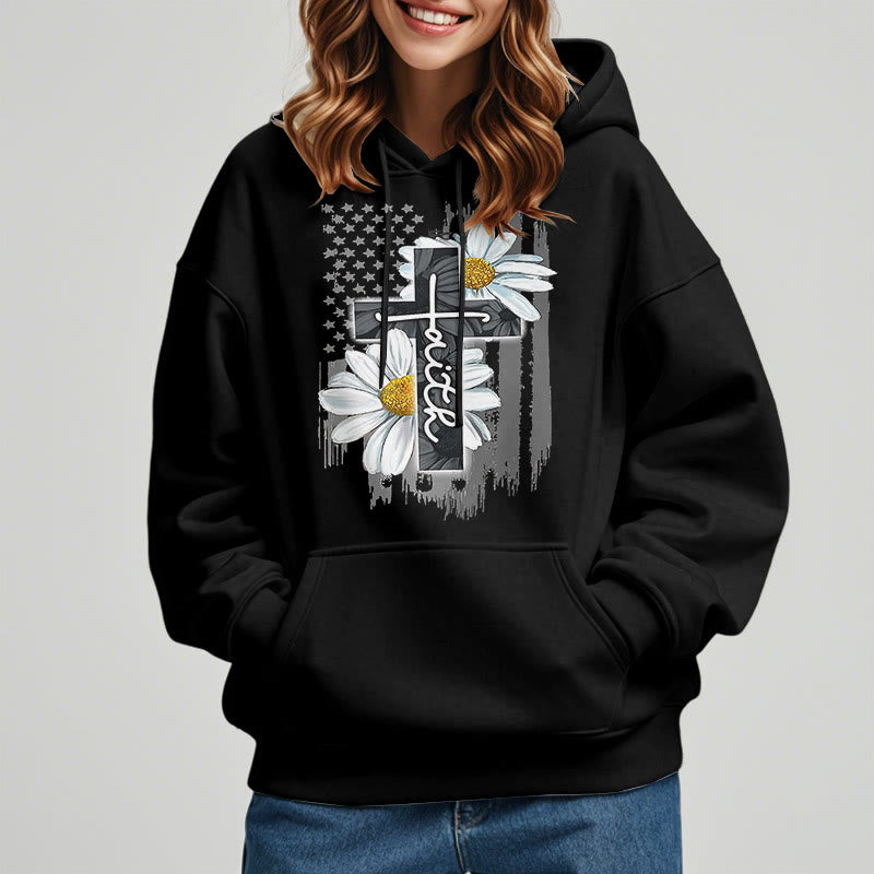 Modern Style Faith Cross and Daisies Fleece Lined Polyester Hoodie