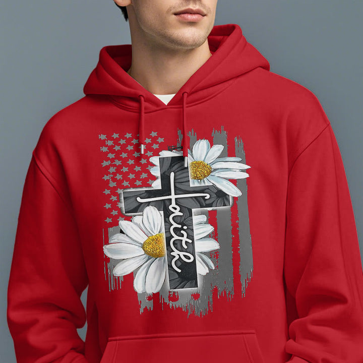 Modern Style Faith Cross and Daisies Fleece Lined Polyester Hoodie