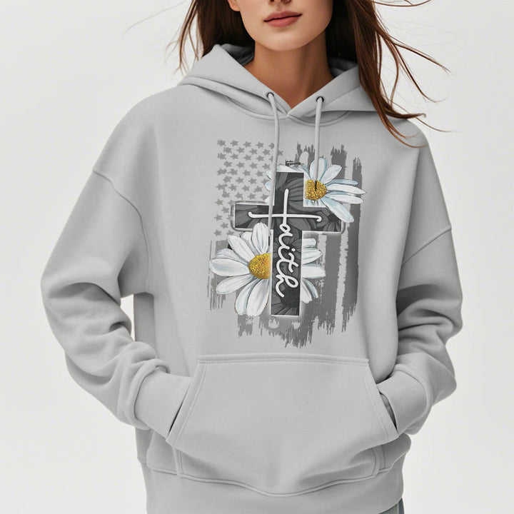 Modern Style Faith Cross and Daisies Fleece Lined Polyester Hoodie