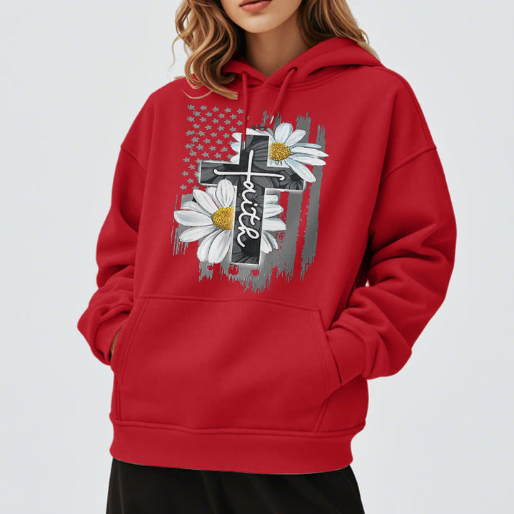 Modern Style Faith Cross and Daisies Fleece Lined Polyester Hoodie