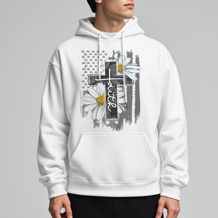 Modern Style Faith Cross and Daisies Fleece Lined Polyester Hoodie