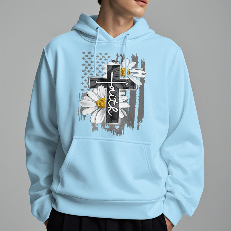Modern Style Faith Cross and Daisies Fleece Lined Polyester Hoodie