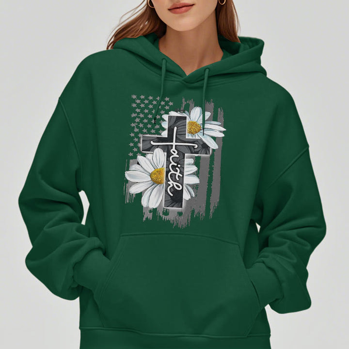Modern Style Faith Cross and Daisies Fleece Lined Polyester Hoodie