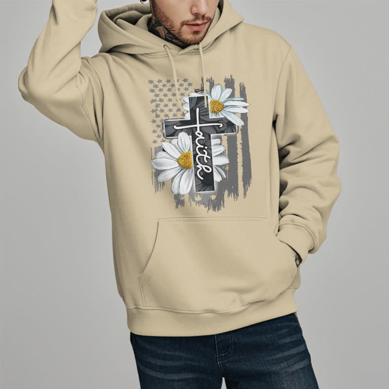 Modern Style Faith Cross and Daisies Fleece Lined Polyester Hoodie