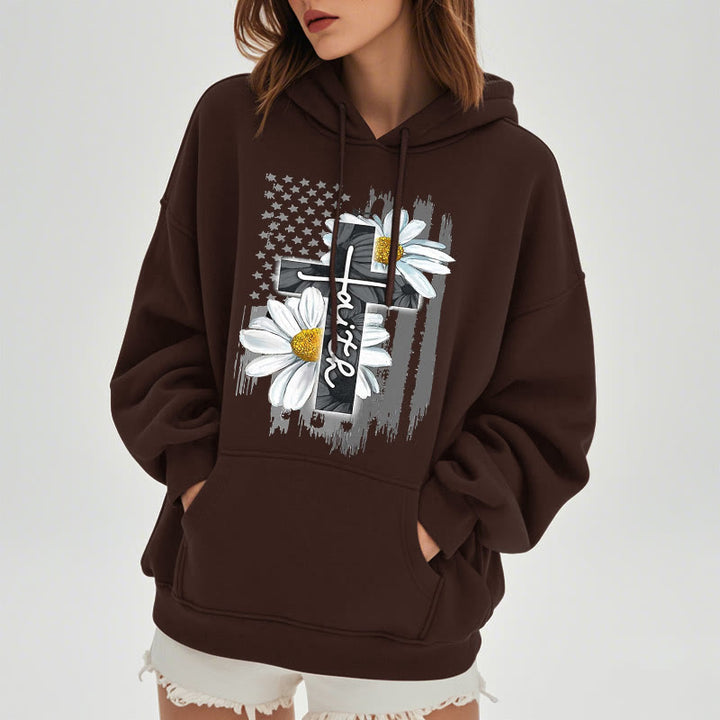 Modern Style Faith Cross and Daisies Fleece Lined Polyester Hoodie